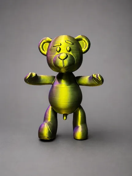 3D-geprinte teddybeer met gespreide armen, silk-filament met goud-paarse glans